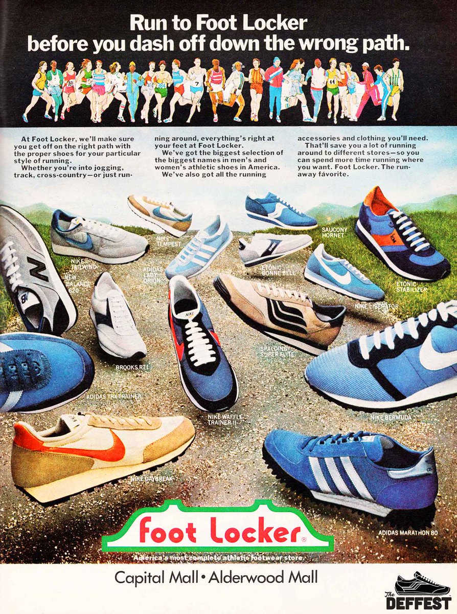 Vintage 1980 Foot Locker ad featuring Nike, adidas, NB, Saucony