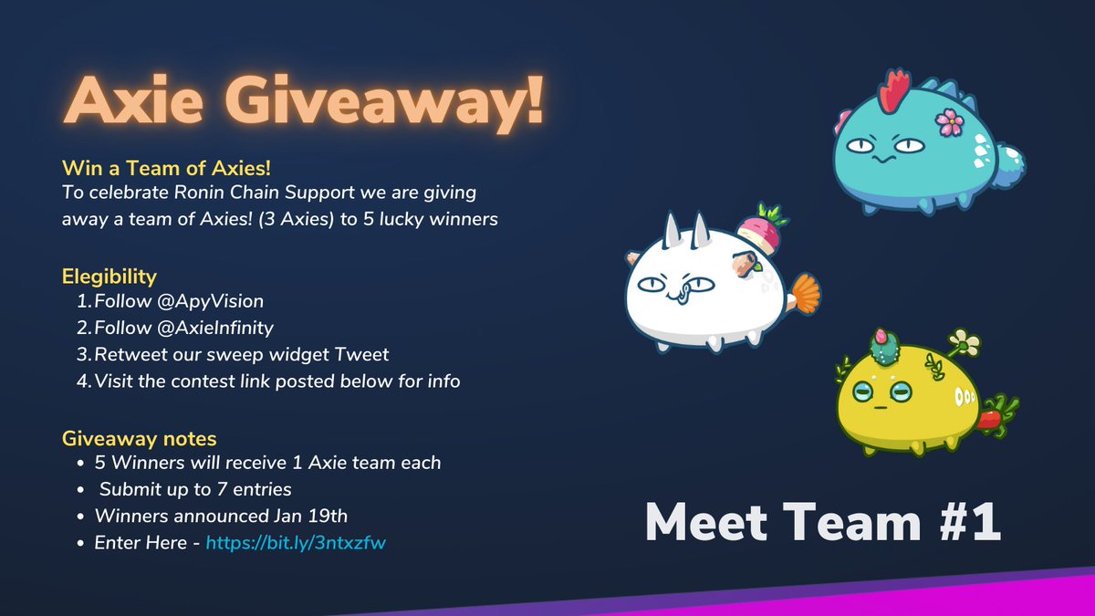 APY Vision (@apyvision) on Twitter photo Hey #Axie fans!
To celebrate APYvision's support for <a href="/AxieInfinity/">Axie Infinity</a> Katana #DEX we are giving away some #Axies 🙌
📝
- 5 Winners will receive an Axie team (3️⃣ Axies each)🤩
- Submit up to 7 entries
- Winners announced Jan 19th
Enter here 👇
🔗bit.ly/3ntxzfw Hey #Axie fans!
To celebrate APYvision's support for <a href="/AxieInfinity/">Axie Infinity</a> Katana #DEX we are giving away some #Axies 🙌
📝
- 5 Winners will receive an Axie team (3️⃣ Axies each)🤩
- Submit up to 7 entries
- Winners announced Jan 19th
Enter here 👇
🔗bit.ly/3ntxzfw