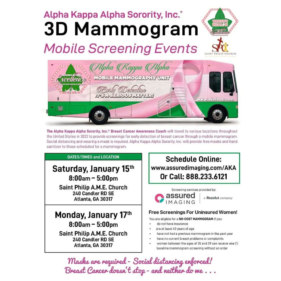 AKAinGwinnett's tweet image. Join us on Jan. 15th &amp;amp; 17th at Saint Phillip A.M.E Church for our MLK International Day of Service event. This event is open to the public.*Please read the flyers for details.Make sure you schedule your mammogram in advance. *Masks will be req. 

#UAO #AKA1908 #SignificantSA