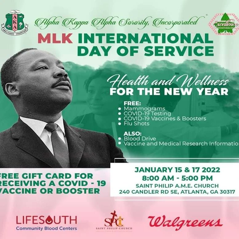 AKAinGwinnett's tweet image. Join us on Jan. 15th &amp;amp; 17th at Saint Phillip A.M.E Church for our MLK International Day of Service event. This event is open to the public.*Please read the flyers for details.Make sure you schedule your mammogram in advance. *Masks will be req. 

#UAO #AKA1908 #SignificantSA