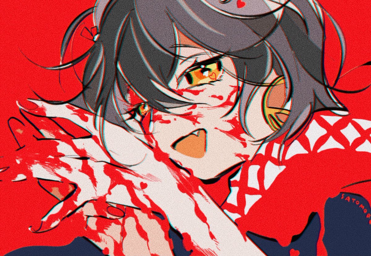 male focus 1boy blood yellow eyes solo blood on face fang  illustration images