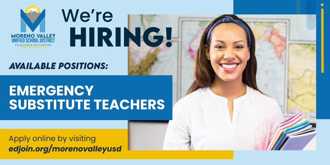 Support our leaders of tomorrow! Join our team as an Emergency Substitute Teacher. Qualifications include a bachelor's degree and background check. Apply today at edjoin.org/morenovalleyusd 🌟 #morenovalley #mvusdreimagine #share