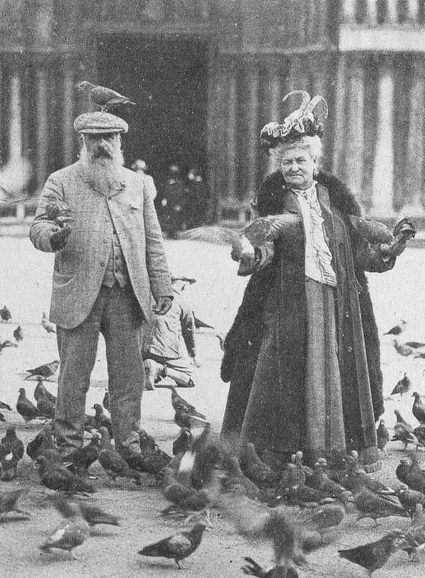 Monet with a pigeon on his head, and his wife Alice, Venice, 1908.