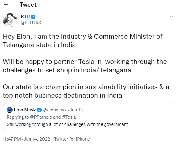 EconomicTimes's tweet image. Industry &amp;amp; Commerce Minister of Telangana responds to Elon Musk&apos;s tweet, inviting him to set shop in India/Telangana 

Track latest news updates here bit.ly/3A811g7