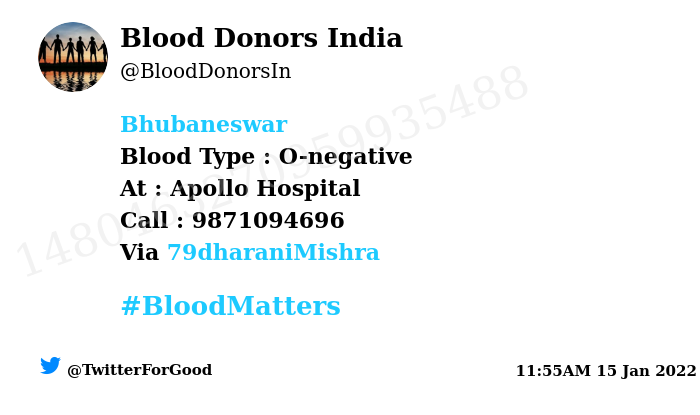 BloodDonorsIn's tweet photo. #Bhubaneswar
Need #Blood Type :  O-negative
Blood Component : Blood
Number of Units : 2
Primary Number : 9871094696
Illness : Sepsis
Via: @79dharaniMishra
#BloodMatters
Powered by Twitter https://t.co/16EcKvjmLA