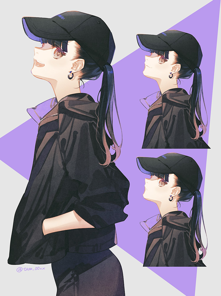 1girl ponytail hat jewelry earrings jacket black hair  illustration images