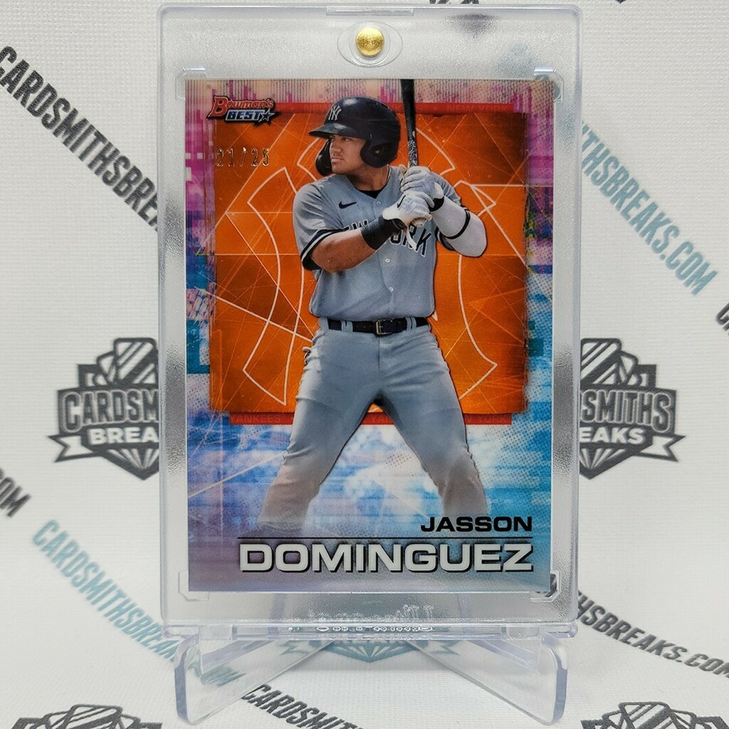 cardsmithsbreak's tweet photo. Jaason Dominguez Orange Refactor #/25 from 2021 Bowman's Best Baseball! #csbheat #topps #bowman #bowmansbest #baseballcards #sportscards #tradingcards #groubreaks #jaasondominguez #newyorkyankees #yankeesbaseball https://t.co/zBDKLGdjDO https://t.co/ZYM3RX9WuT