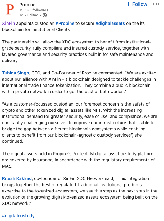 UtilityTheory's tweet photo. I hope you guys understand how huge this is for $XDC and institutions out in Singapore
The partnership will allow the XDC ecosystem to benefit from institutional-grade security, fully compliant & insured custody service, together with layered governance and security practices. https://t.co/r0QaIe5GQl