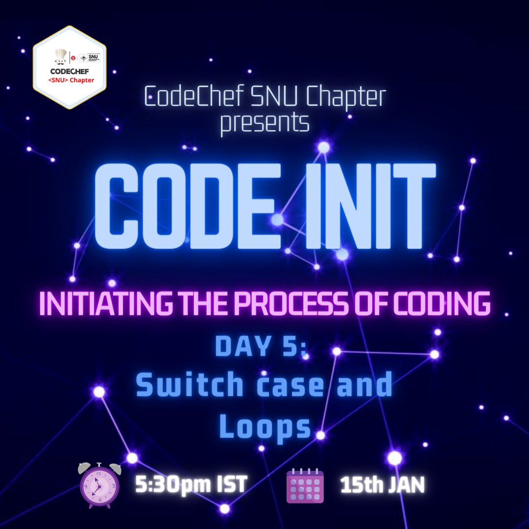 CodeChefSNU's tweet image. Hello Chefs,👩💻
Don't forget to attend CodeINIT sessions this Sat & Sun at a new timing.
Timing: 5:30 PM onwards
The topics to be covered are:
-Switch Case
-Loops
Regards,
Codechef SNU Chapter.