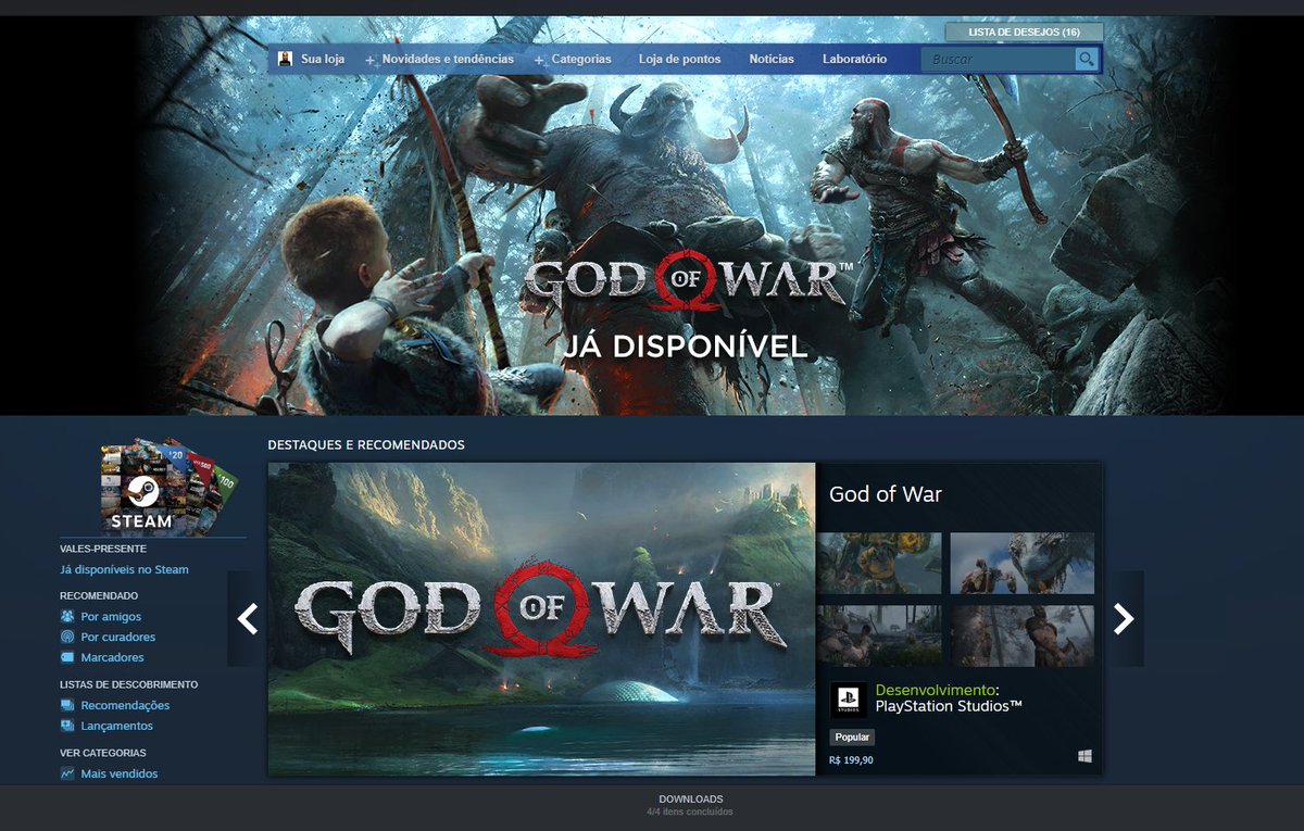 paulbatistta's tweet photo. Se a uns dois anos atrás, alguém me mostrasse isso e falasse que God of War sairia no PC, eu daria risadas infinitas.
Hoje o game estampa a pagina inicial da STEAM, é simplesmente um marco histórico do PC Gaming. https://t.co/gU9NU3EKaR