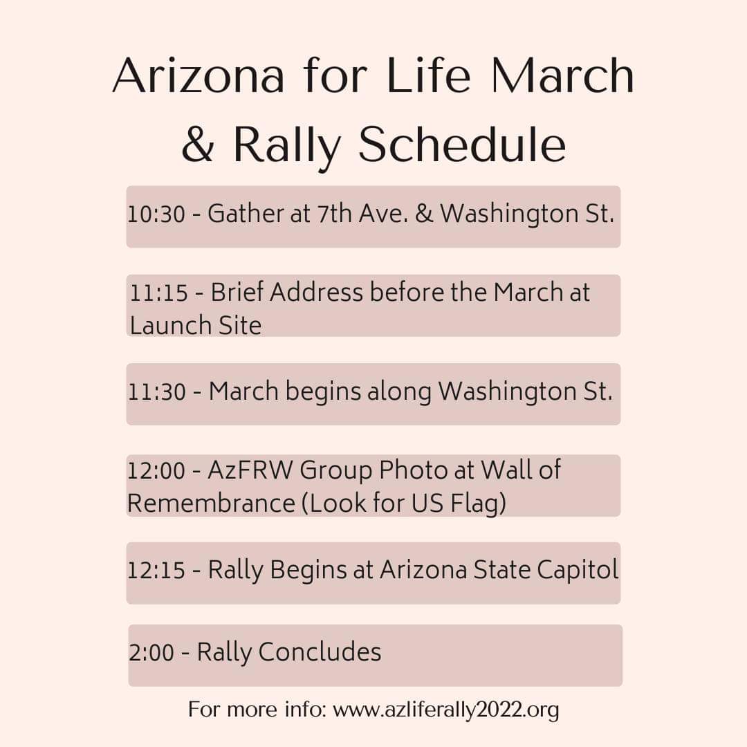AzFRW's tweet photo. Here is a quick schedule ๐
of events for tomorrow's Life March & Rally! Come visit our table and meet us for a group photo at noon. Contact #AzFRW President @cindycasaus for questions/more info. #ProLife #AZForLife #ChooseLife #LifeWeek https://t.co/5bMErETdo6