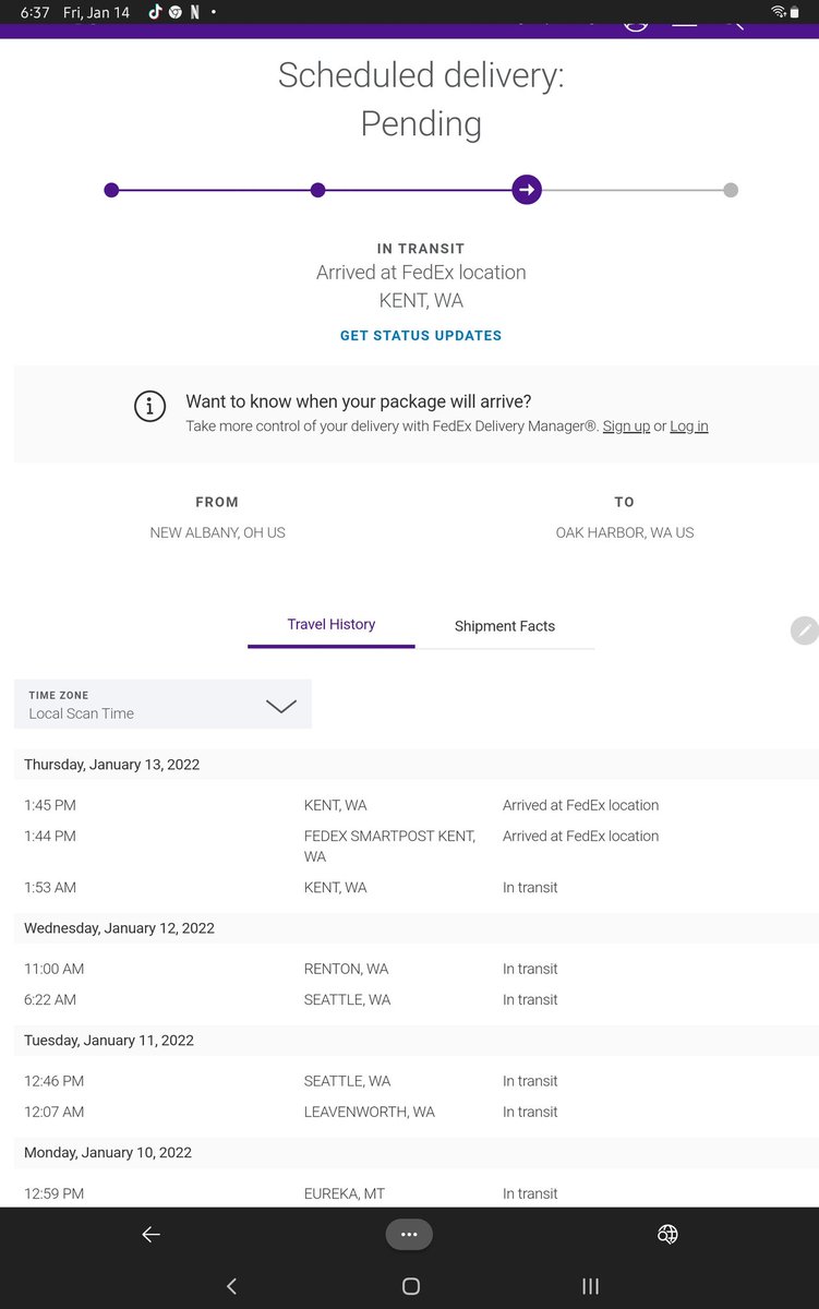 Alicee360's tweet photo. @FedEx I live north of Seattle. My package went south. The original delivery date was Saturday the 15th, then today, now pending. What the heck..I have had no issues with usps or ups. #fedexdelay https://t.co/EeXPKGLTJK