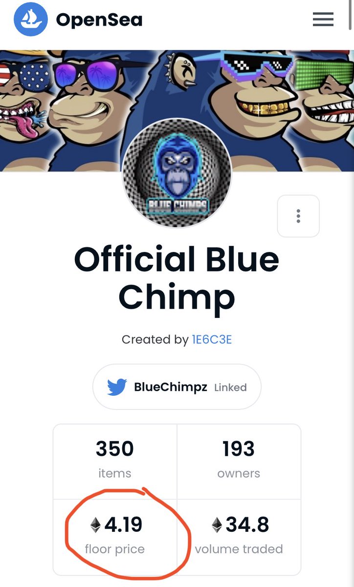 imercion's tweet photo. LFG 😎 @BlueChimpz #NFT #Trending
4.19 ETH floor 🙌🏼 https://t.co/X7flsfvP3R