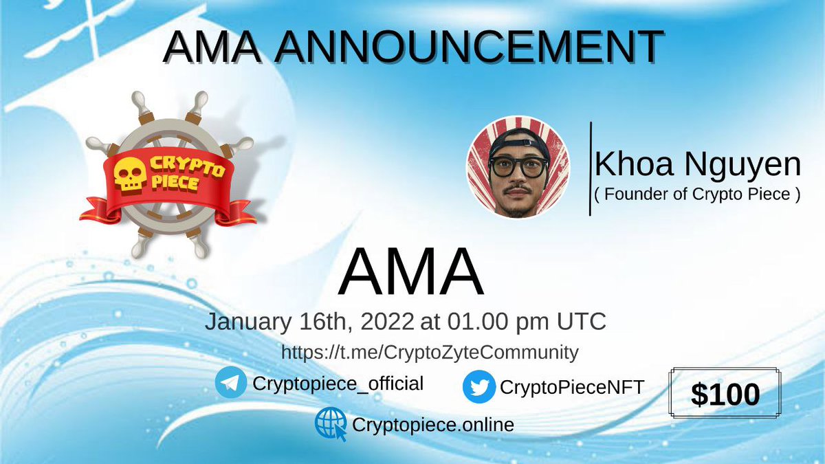 Crypto Zyte (@cryptozyte_news) on Twitter photo 🔊 Joint AMA announcement CryptoPiece.
🏢Venue : t.me/CryptoZyte_Dis…
📅Date : On January 16th, 2022
⏱️Time : 01.00 PM UTC
📜Rules:
1. Follow Twitter
@CryptoPieceNFT
and
<a href="/CryptoZyte_News/">Crypto Zyte</a>
2. Like , Retweet , & Tag 3 Friends 🔊 Joint AMA announcement CryptoPiece.
🏢Venue : t.me/CryptoZyte_Dis…
📅Date : On January 16th, 2022
⏱️Time : 01.00 PM UTC
📜Rules:
1. Follow Twitter
@CryptoPieceNFT
and
<a href="/CryptoZyte_News/">Crypto Zyte</a>
2. Like , Retweet , & Tag 3 Friends