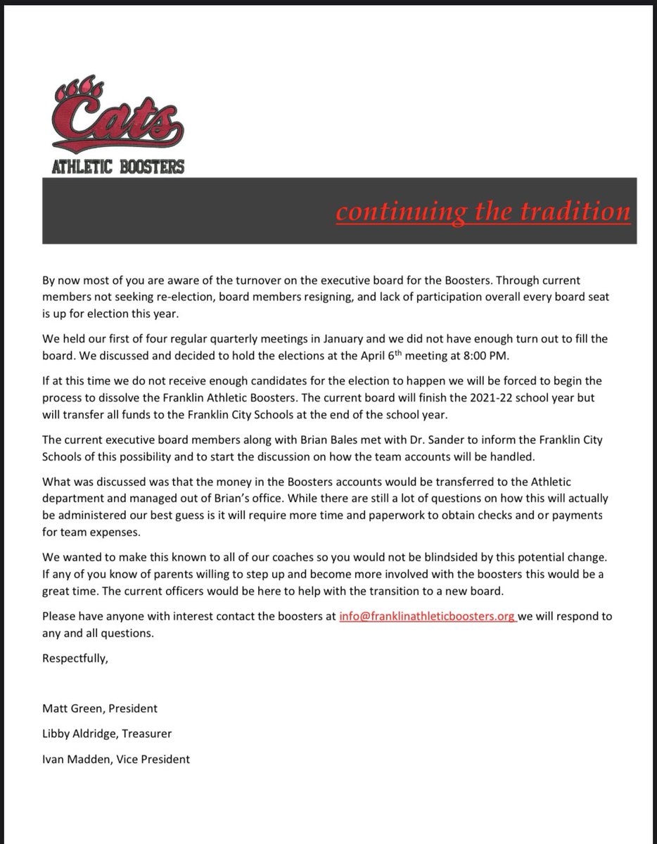 See the attached press release regarding the future of the Franklin Athletic Boosters.