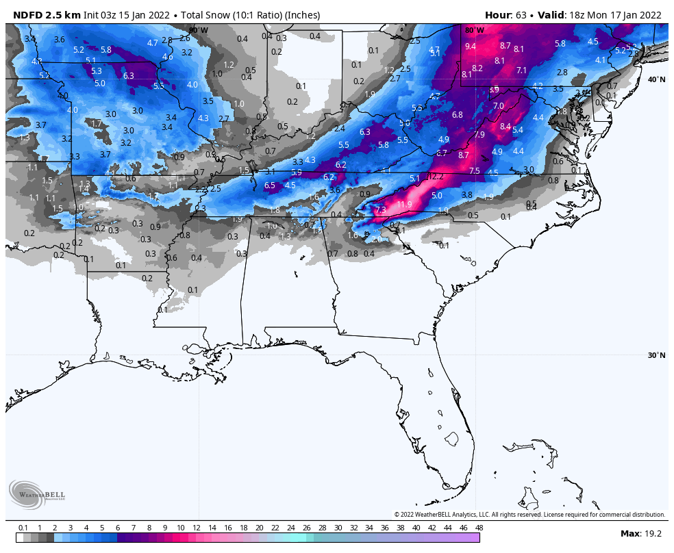 spann's tweet photo. Latest NWS forecasts (NDFD) for snow and ice across the Southeast U.S. this weekend. https://t.co/Y68qcDZMSx
