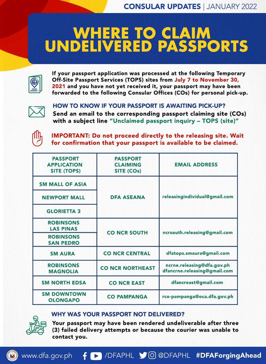dododulay's tweet photo. We have 2,739 unclaimed passports from TOPS sites ready for release &amp; undelivered due to wrong address, no response/authorization. If you applied from 7th July to 30 Nov 2021 &amp; haven’t gotten your passport, we’re looking for you! Please email us asap👇🏻 Paki-share naman po 🙏🏻 https://t.co/NNXsviCcg1