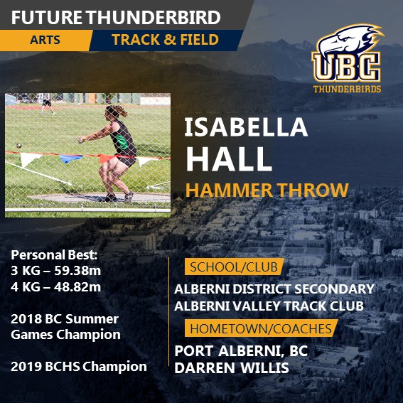 ubctrack's tweet photo. It is our pleasure to announce our newest recruit to our throws squad - Isabella Hall!

🎉🎉🎉

We are excited to see her dominate her upcoming senior season alongside continuing her academic pursuits before joining the Thunderbirds next year 👀
•
•
•
#signed #ubctrack #tbirds https://t.co/I99LtOgUt1