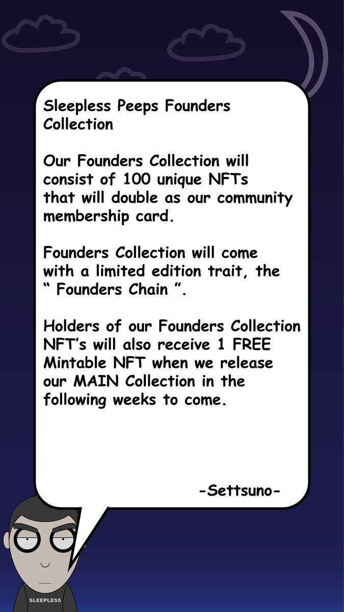 SleeplessPeeps's tweet photo. Information about our Founders Collection 🤯

#NFT #NFTCommmunity #PlayToEarn #web3 https://t.co/5MdllTzUtV