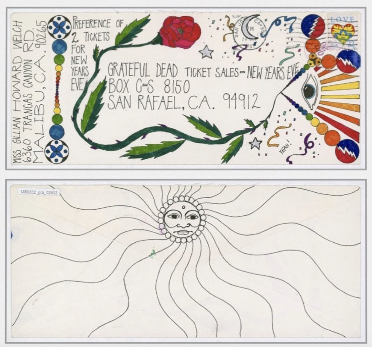 This is so wonderful: the hand-decorated envelope that sublime singer-songwriter @GillianWelch sent to the @GratefulDead Ticket Sales office for NYE tickets. I don't know the year. She got the tickets. [via IG: gillianwelchofficial and @maxabelson]
