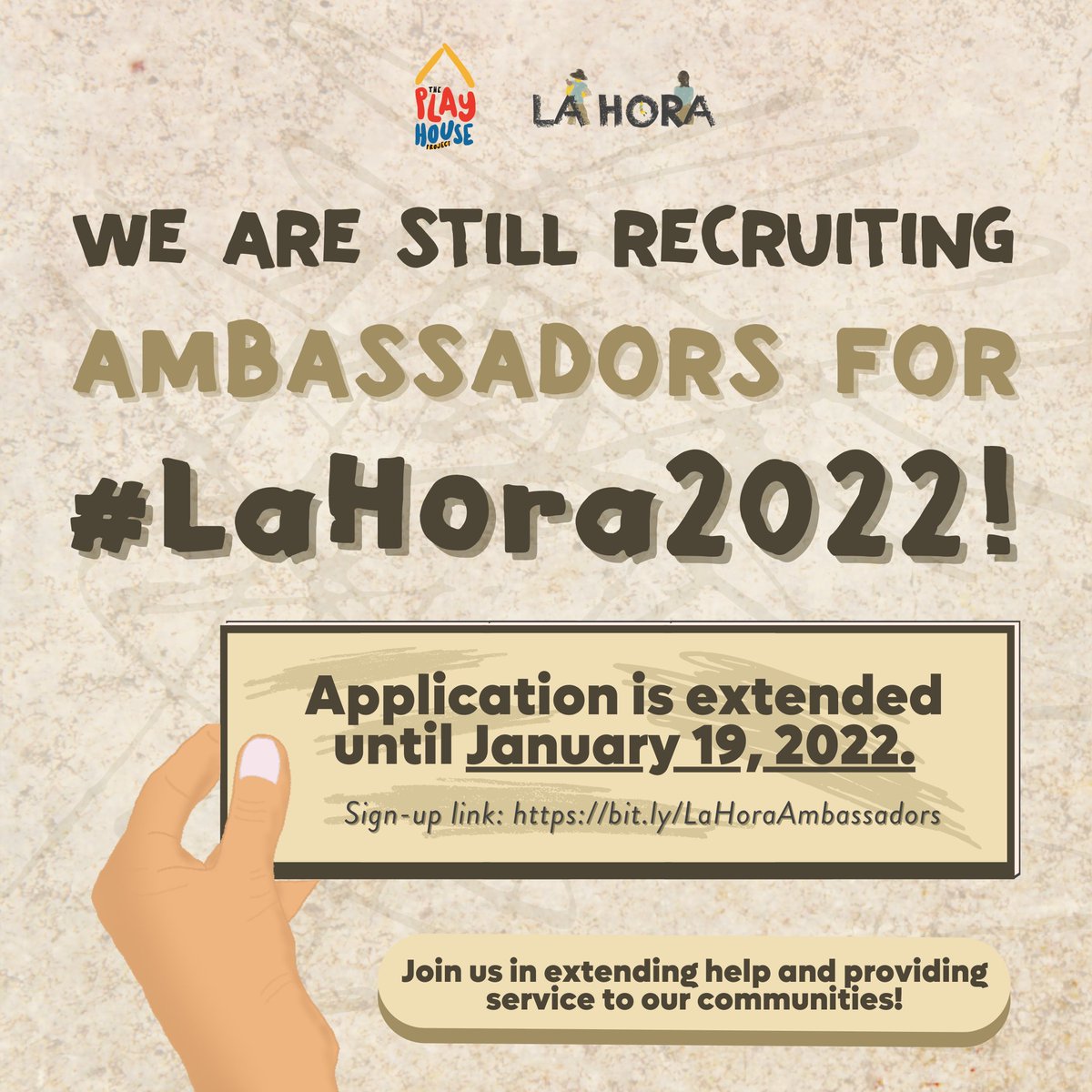 LA HORA 2022 AMBASSADOR APPLICATION IS EXTENDED!

Missed the previous sign-ups? 

Don’t fret, because applications are extended until January 10!!

Sign-up Link: bit.ly/LaHoraAmbassad…

We can’t wait to work with you in this new fundraising project!