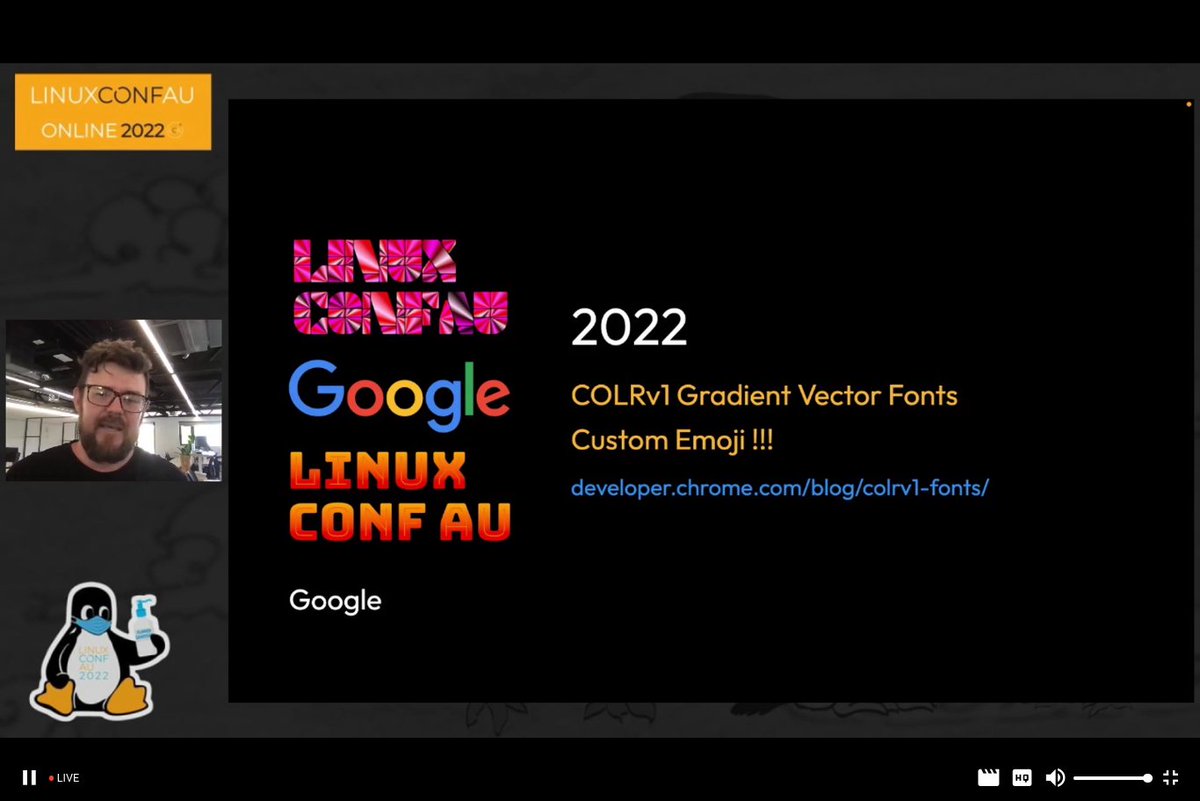 felix42's tweet photo. Greatly enjoyed 'Producing an open font in 2022' w/ @AndyFitz @linuxconfau, particularly the history. Some great tools to 'get a font' and 'put a font,' &amp; can't wait for COLRv1 gradient vector!
Check out: https://t.co/yJnPNIy85v
#LCA2022 #linuxconfau #font
https://t.co/ppgtExwJRw https://t.co/oUxxFi690z