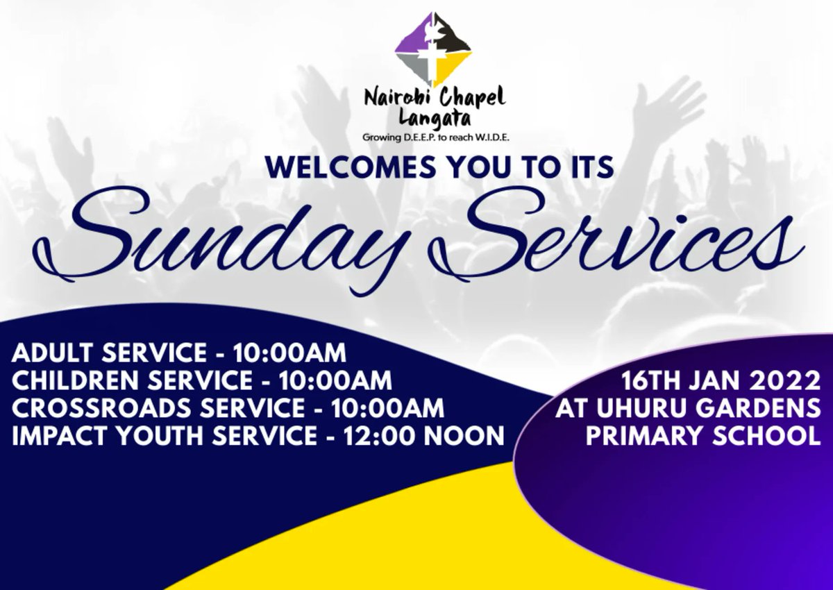 NairobiChapelLa's tweet photo. You are invited to fellowship with us during our in-person  Family Sunday Services that start at 10:00AM and our Impact Youth Service starts at 12:00NOON.
#NCLAFamily #SundayService#NairobiChapelLangata
#ImpactYouth #Quest#crossroads https://t.co/SudMD7dfvN
