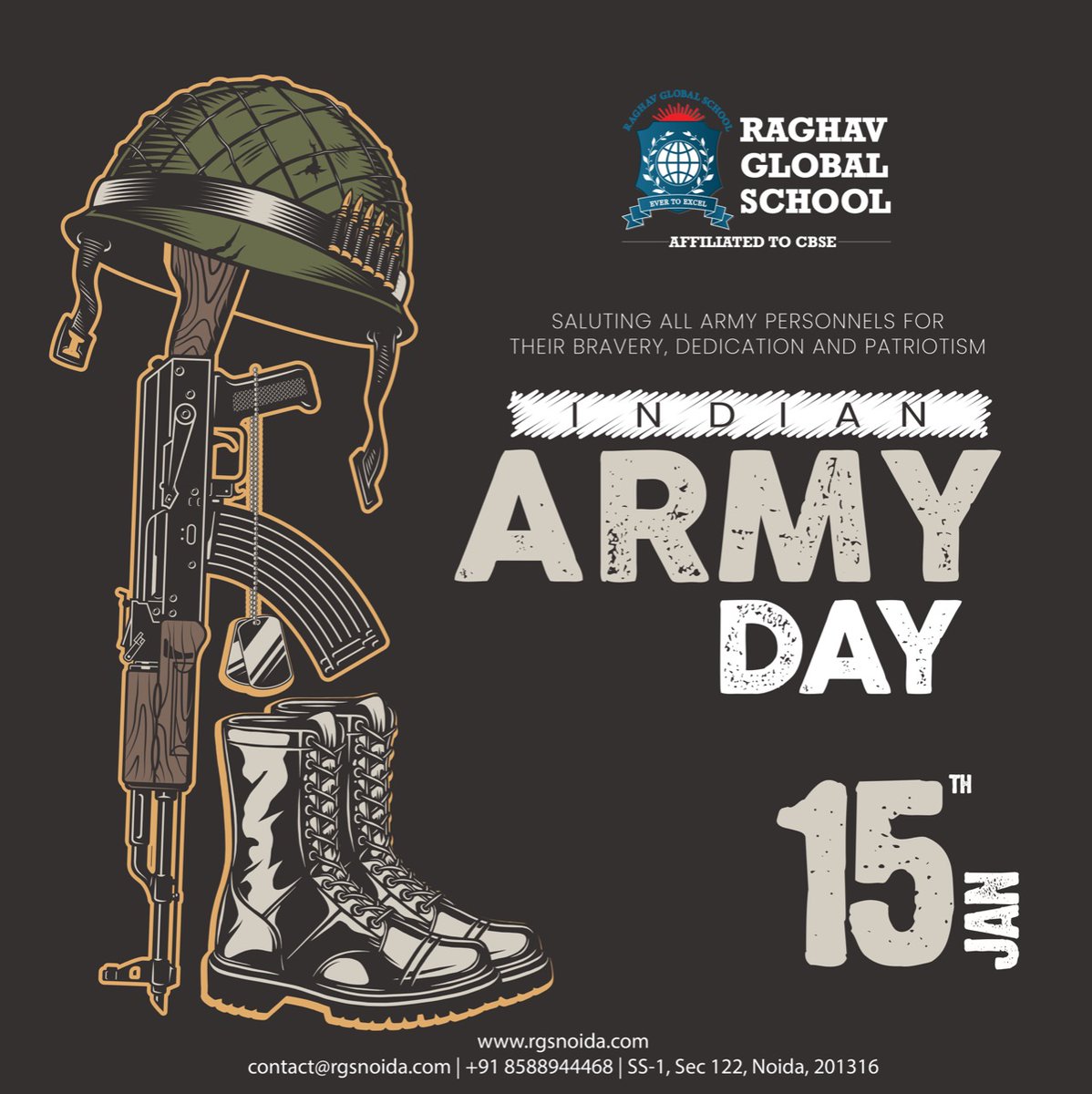 rgsnoida's tweet photo. Indian Army Day always reminds us of all our heroes who stand strong to keep us safe💂💂💂🇮🇳

Raghav Global School salutes all Army personnels for their bravery, dedication and patriotism 💂💂💂🇮🇳

15th January- Indian Army Day🇮🇳

#IndianArmyDay #ArmyDay 
#RaghavGlobalSchool https://t.co/UPWuqHacOW
