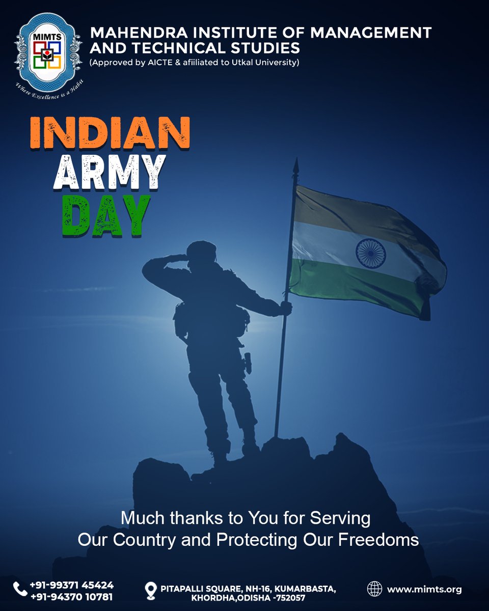 MimtsBSchool's tweet photo. Let us celebrate with pride the service rendered to the nation by our fearless and selfless warriors. 74th Indian Army Day!
.
.
#mimts #Bhubaneswar #mimtsbbsr #Odisha #indianarmy #india #army #indian #jaihind #indianarmylovers #armylife #fauji #armystrong #hindustan #vandematram https://t.co/e8RnzhrMd0