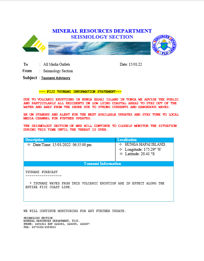 FJMETservice's tweet photo. Good Afternoon 

For further enquiries regarding earthquakes and tsunamis, please contact the local monitoring agency @landsfiji @FijiSeismology Unit.

☎️3313 555
📧: landsinfo@govnet.gov.fj 
🌐: https://t.co/Tvxajud0jg

Vinaka.

Source: @FijiSeismology https://t.co/BsRTrKBL0U