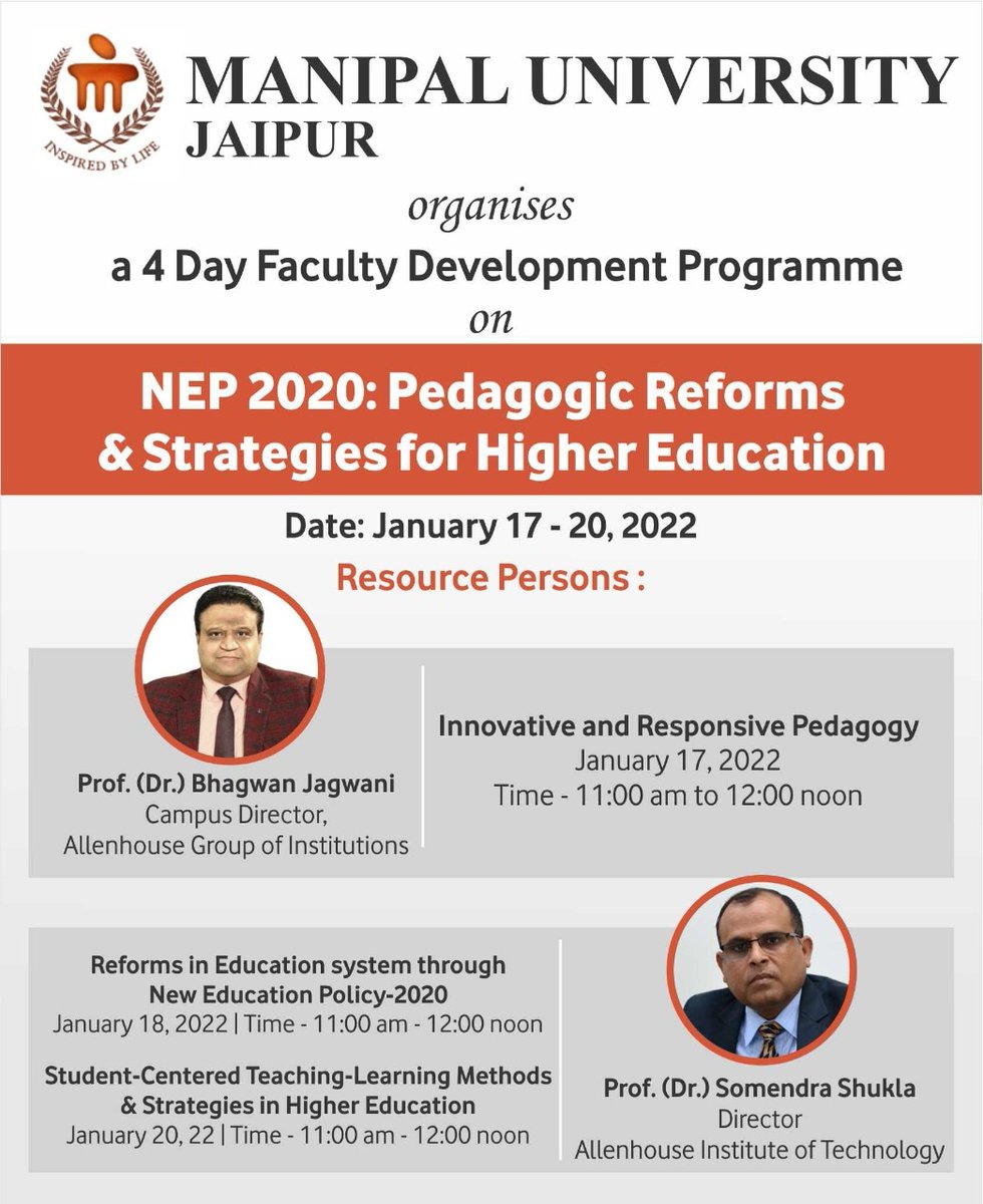 allen_college's tweet photo. Prof. (Dr.) Bhagwan Jagwani, Campus Director, Allenhouse Group of Institutions
and Prof. (Dr.) Somendra Shukla, Director, Allenhouse Institute of Technology are participating as Resource Persons in a 4 Day Faculty Development Programme by Manipal University, Jaipur. https://t.co/lzLroQrlTj