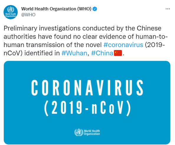 WBC24News's tweet photo. 2 years ago today: WHO's most infamous tweet, saying China found no clear evidence of human-to-human transmission of coronavirus https://t.co/6RmdGOmPrf