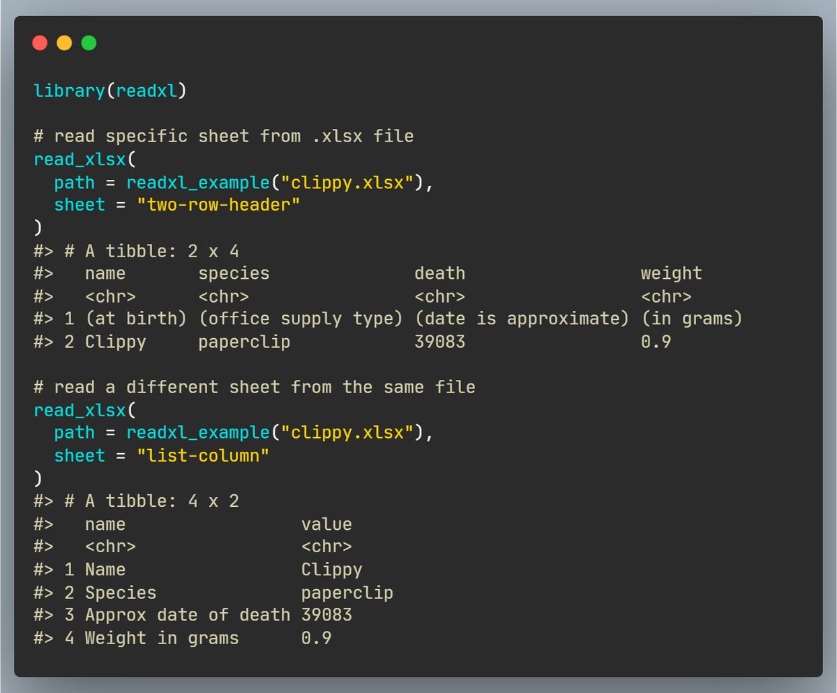 Although often you can easily read data from a single CSV file, sometimes you have to read a dataset stored in one of the Excel spreadsheets. The {read_xlsx} function from {readxl} 📦 provides an easy syntax to do so! 📝 readxl.tidyverse.org/reference/read… #rstats #DataScience