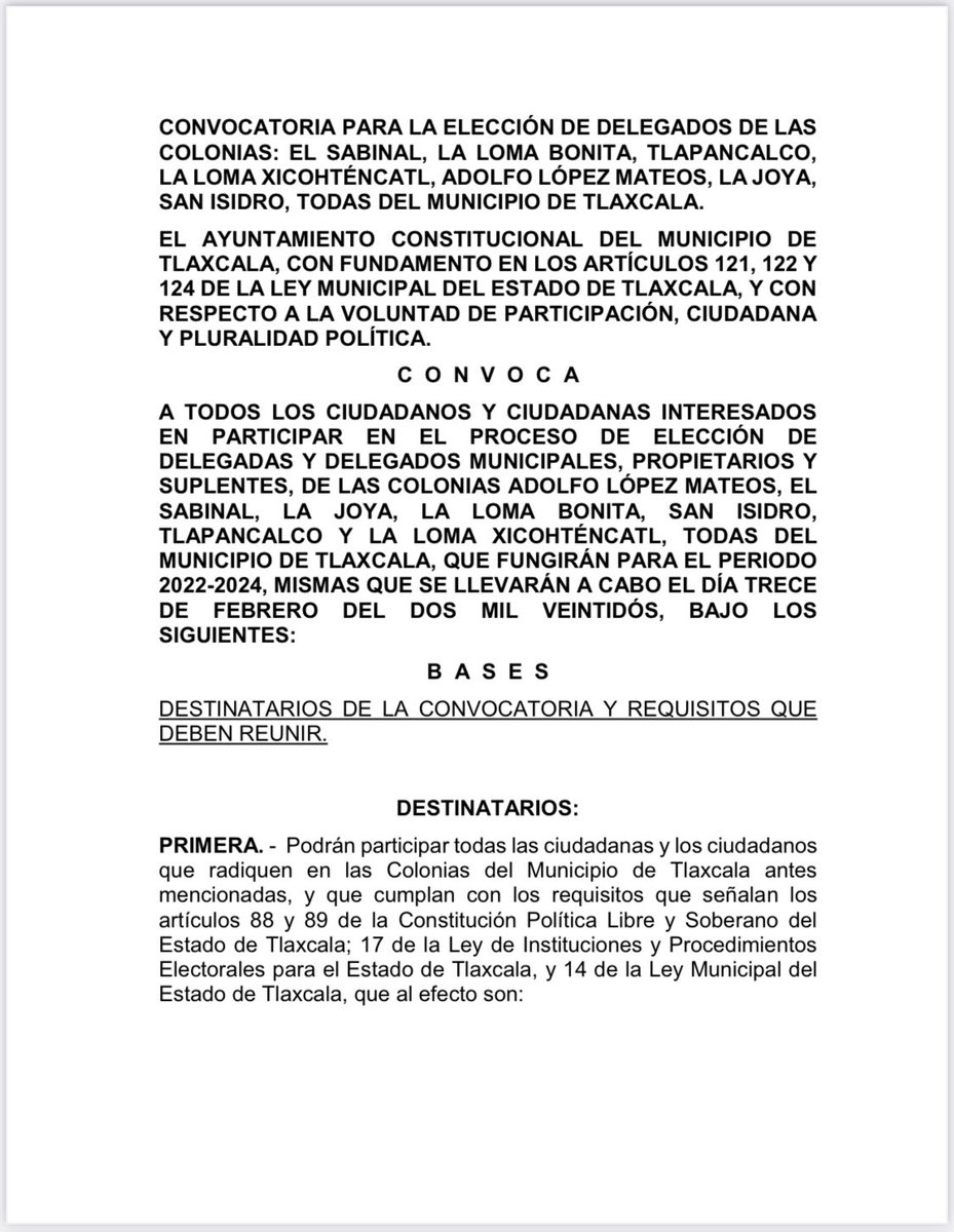 Convocatoria para la elección de delegados de las colonias El Sabinal, La Loma Bonita, Tlapancalco, La Loma Xicohténcatl, Adolfo López Mateos, La Joya y San Isidro, todas del municipio de #Tlaxcala

Leer más… 

facebook.com/10444408872667…