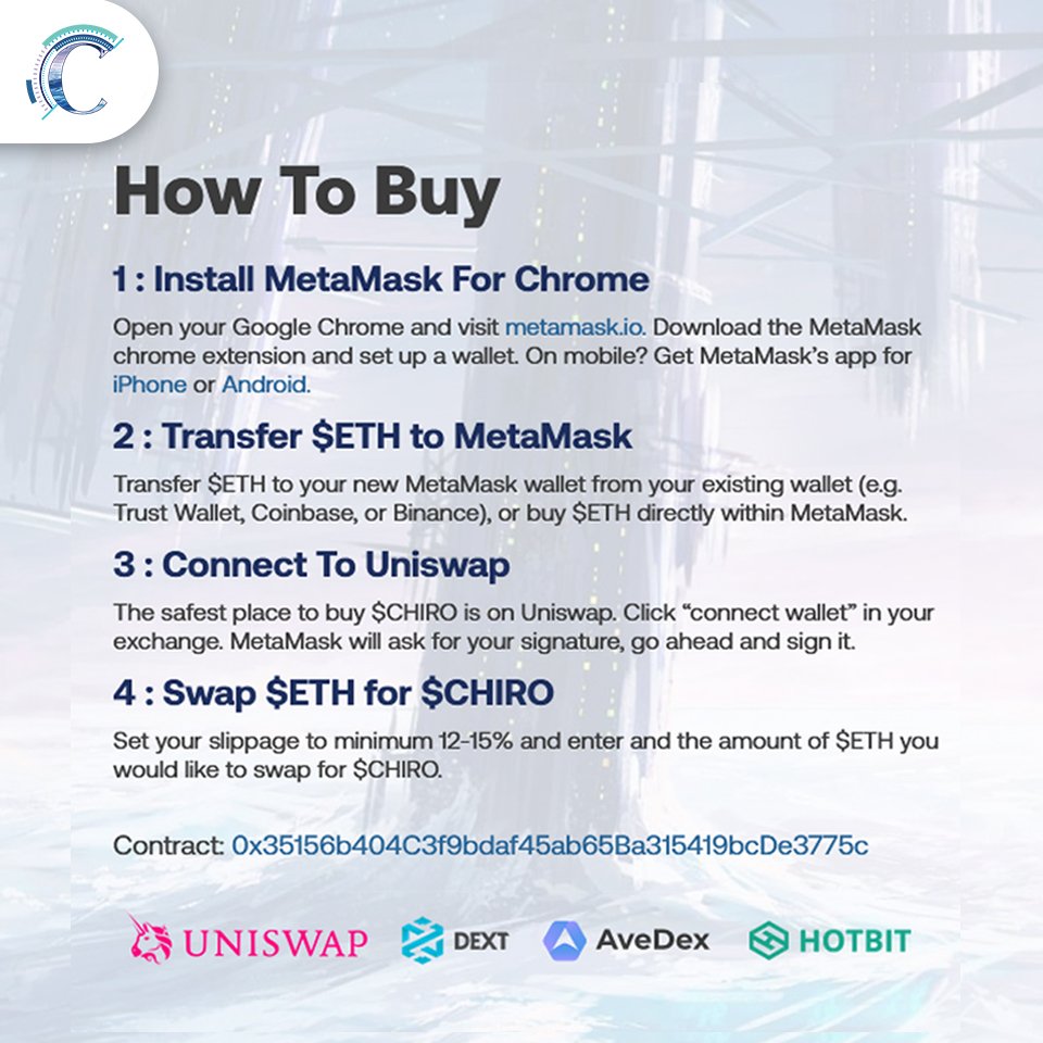 ChihiroInuETH's tweet photo. Want to join the #ChiroArmy but not sure how? Grab your $CHIRO coins with these simple steps today!

#ethereum #Polygon #DAO #GameFi  #PlayToEarn #Metaverse https://t.co/IObtjVseRb