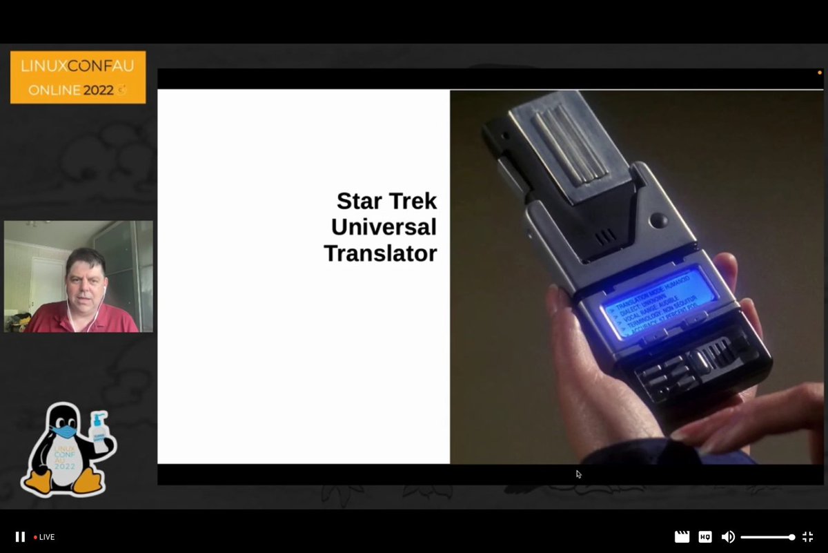 felix42's tweet photo. Now @linuxconfau: 'Some tentative first steps towards a Star Trek universal communicator' w/ Greg Baker: 
https://t.co/rRyOusWTFa.
We may lose ~90% of the world's languages in the next 80 years = we urgently need computerised #translation software.
#LCA2022 #linuxconfau #language https://t.co/5bdqJNnXWk