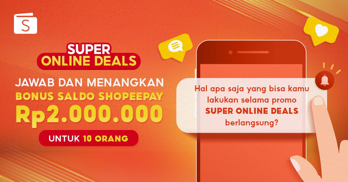 Yuhuuu, biar nikmatin promo #SuperOnlineDeals makin seru Mimin mau bagi-bagi bonus saldo total 1 JUTA untuk 10 org! 🥳

S&amp;K
1. Follow <a href="/ShopeePay_ID/">ShopeePay Indonesia</a>
2. Like &amp; RT
3. Reply tweet dgn #SuperOnlineDeals

Pengumuman tgl 23 Jan!
