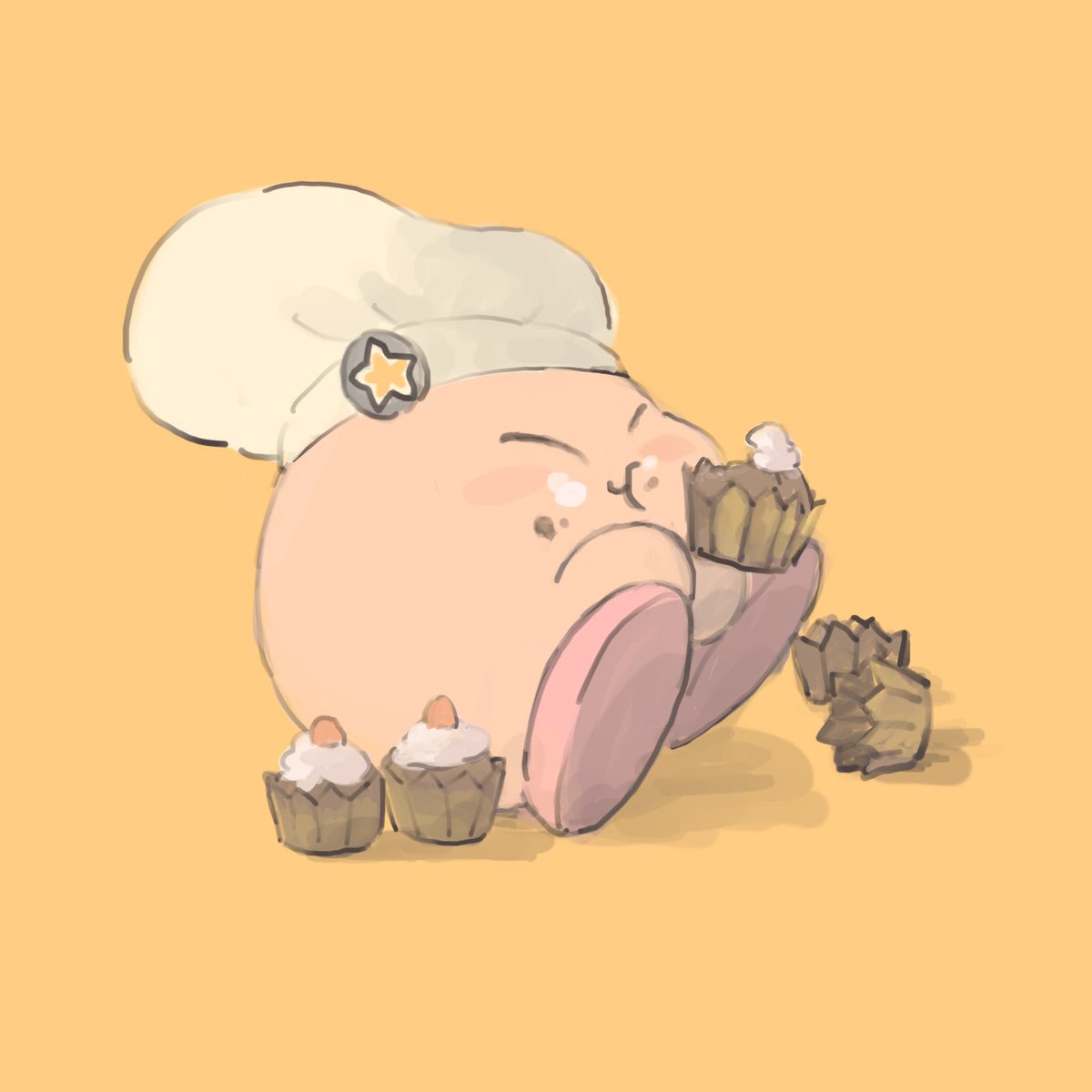 kirby chef hat eating hat food food on face no humans closed eyes  illustration images