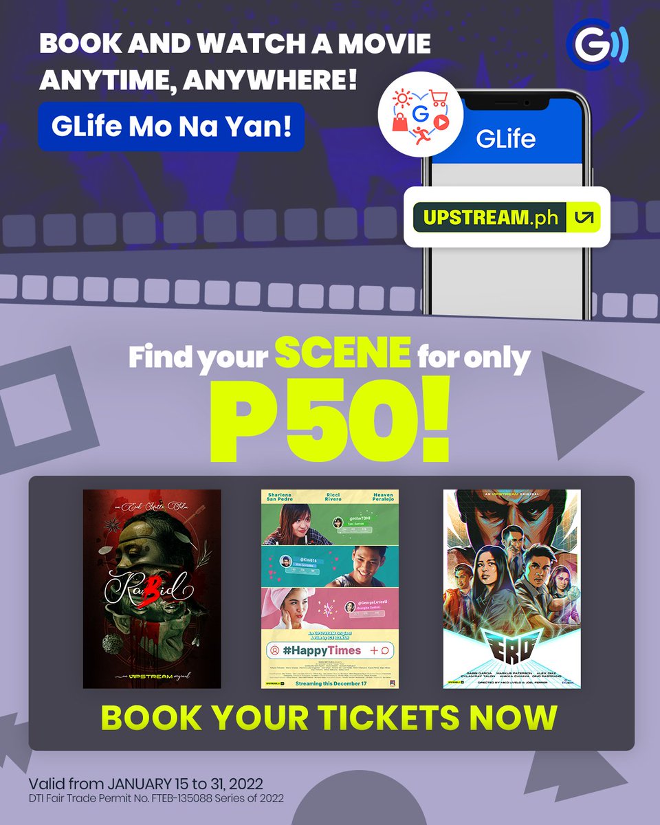 UPSTREAMph's tweet photo. Find your scene for only P50.
Watch the movies Rabid, ERO and Happy Times in the Upstream app in GCash by clicking here: https://t.co/UCfrp0aLgh
Offer is valid from January 15 – 31, 2022 only. Enjoy watching movies anytime, anywhere on Upstream.
#Upstreamph #Upstreamdeals https://t.co/P8PzMMYN38