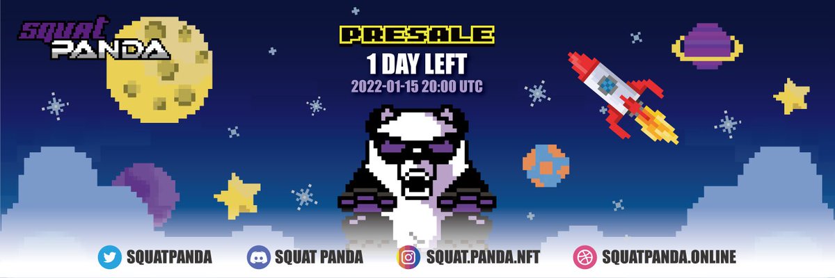 SquatPanda's tweet photo. 📣 Presale of Squat Panda 🐼🐼

🚀 1 Days Left 🔥🔥

The first of 500 NFTs claimed within 72 hours. 🎉🎉

📆 Date: 2021-01-15 20:00 UTC

💰Price: 50 MATIC 

🔗 Link: https://t.co/eE356whcw3

Address 
0xec048A13b46c31d91701cB1791E860Aac9a8d11A

#NFTs #SquatPanda #PolygonNFT 
#NFT https://t.co/A3HNuZFnRn