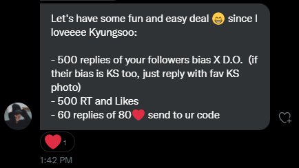 PHIXOT9's tweet photo. 🚨🚨

ANOTHER DEAL FOR 10k HEARTS!

- 500 replies of your BIAS in EXO (GIF or photo will  do; the sponsor is a KSOO biased 😉)
- 500 RTs
- 500 Likes
-  60 replies of 80 hearts sent to our code: nxknm

Last deals for the final days. Fighting. 🔥

#EXOLsVoteOnSMA #EXO @weareoneEXO https://t.co/XqOd4Jf6Mb