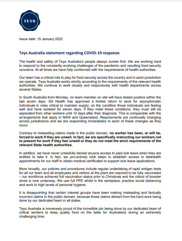 Teys Australia has provided a statement regarding its COVID-19 response teysgroup.com/au/news/teys-a…