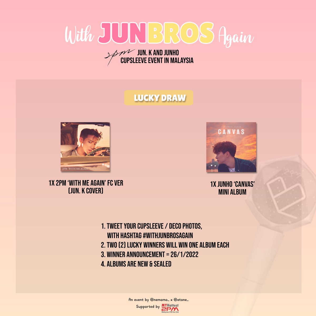 MYHottest2PM's tweet photo. Malaysian Hottest! Lets celebrate our January babies birthday! 
Details as below: 

✨🐼 With JUNBROS Again 🐧✨

2PM JUN. K &amp; JUNHO BIRTHDAY CUPSLEEVE EVENT IN MALAYSIA

📅 22/1/2022 (Saturday)
⏰ 11AM - 4PM
📍 Lean &amp; Rush, Nu Sentral KL

#WithJUNBROSAgain #2PM #CUPSLEEVEMY https://t.co/ZXbxMGRBAY