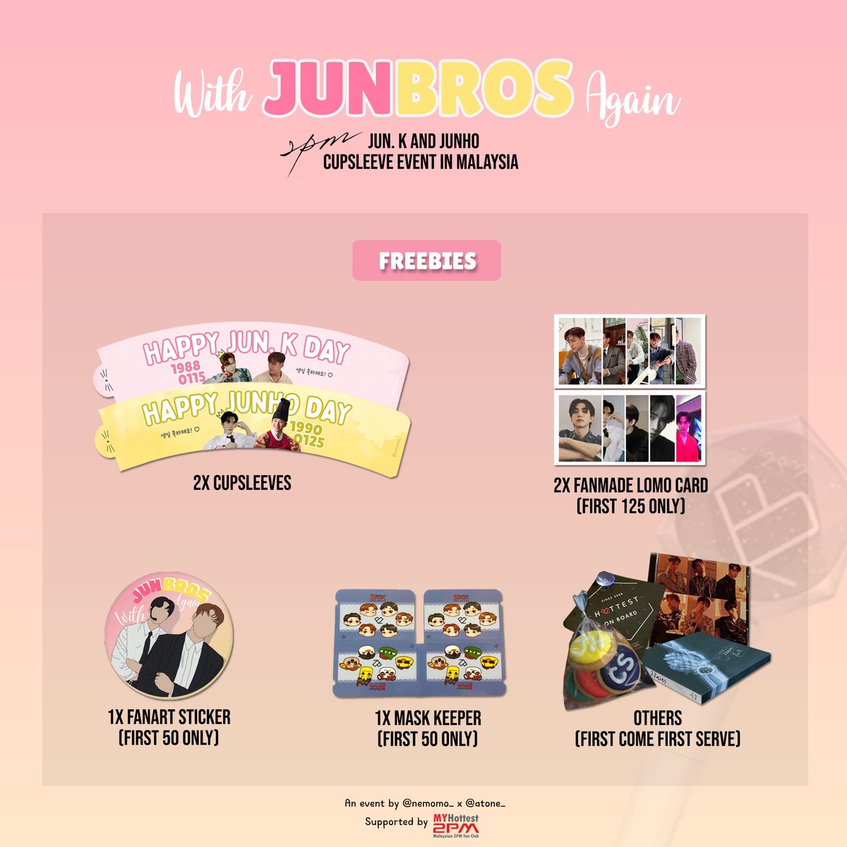 MYHottest2PM's tweet photo. Malaysian Hottest! Lets celebrate our January babies birthday! 
Details as below: 

✨🐼 With JUNBROS Again 🐧✨

2PM JUN. K &amp; JUNHO BIRTHDAY CUPSLEEVE EVENT IN MALAYSIA

📅 22/1/2022 (Saturday)
⏰ 11AM - 4PM
📍 Lean &amp; Rush, Nu Sentral KL

#WithJUNBROSAgain #2PM #CUPSLEEVEMY https://t.co/ZXbxMGRBAY