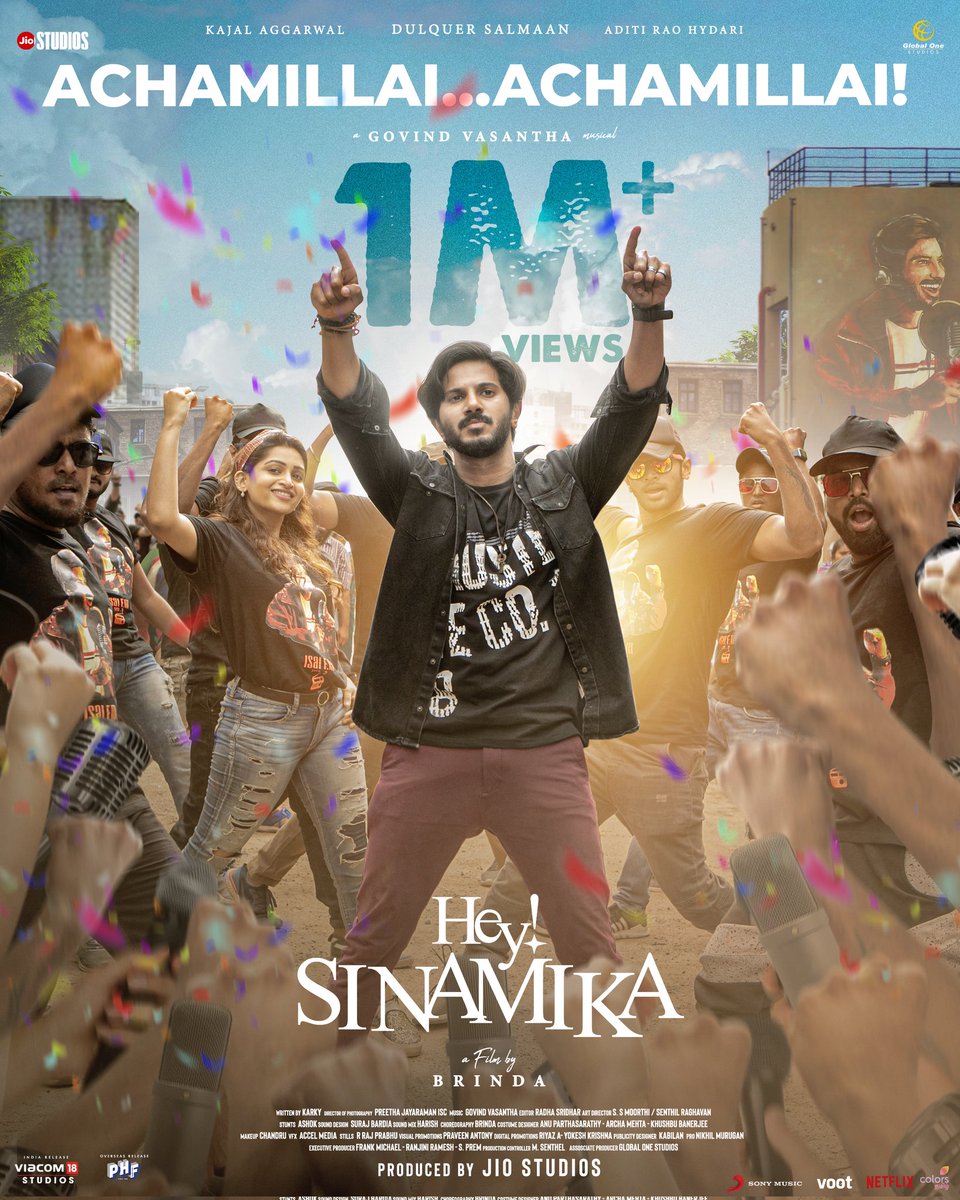 SonyMusicSouth's tweet photo. At a MILLION VIEWS! 🤩💥

#Achamillai from #HeySinamika right here! 🔥

➡️ https://t.co/4Zil9EhUCI

@dulQuer @aditiraohydari @MsKajalAggarwal @jiostudios @justvoot @globalonestudio @Viacom18Studios @BrindhaGopal1 #GovindVasantha @madhankarky https://t.co/CqgSlJAKQe