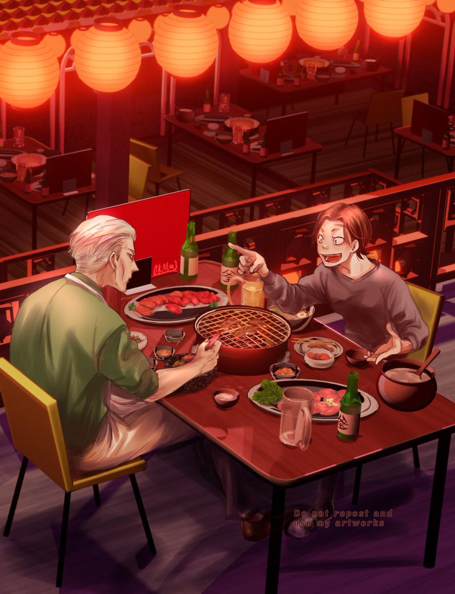 「焼肉食べ食べミーティング 」|カマ🗻のイラスト