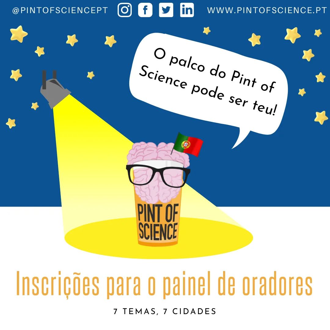 És investigador(a) e gostavas de ser orador(a) no festival? Ou conheces alguém que deva pisar este "palco"? ☺️
Estamos a aceitar candidaturas espontâneas para a próxima edição. 
Inscreve-te no link:
forms.gle/2isXPcFxHgw7Mb…

#pint22 #pintworld #pintofscience #pintofscienceportugal