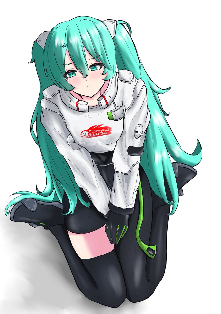 hatsune miku ,racing miku 1girl solo long hair thighhighs twintails gloves sitting  illustration images