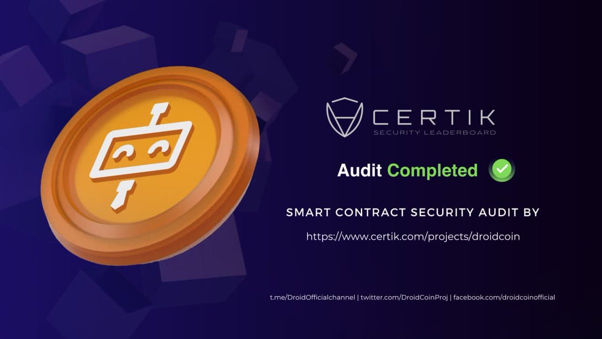 wearedrdc's tweet photo. Our #DroidCoin $DRDC smart contract has been verified and published on Certik's website! https://t.co/p6Wt6bbRWn
Being verified on CERTIK's platform is a step forward in our mission to ensure transparency and accountability for our Project.
#DRDC #droidcoinproject #BSC https://t.co/EIMRyorap4
