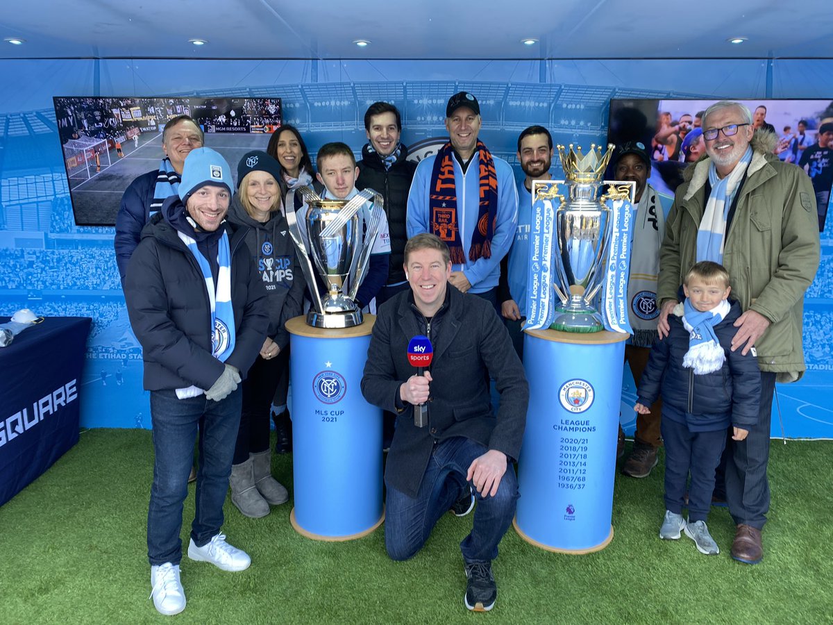 Big thanks to the @NYCFC fans who brought the MLS Cup to Manchester to place it alongside the #PremierLeague trophy <a href="/ManCity/">Manchester City</a> today for a live <a href="/SkySportsNews/">Sky Sports News</a> 🏆🏆

City Football Group currently has 4 league champions across 10 member clubs #MCFC #NYCFC #MelbourneCity #MumbaiCity